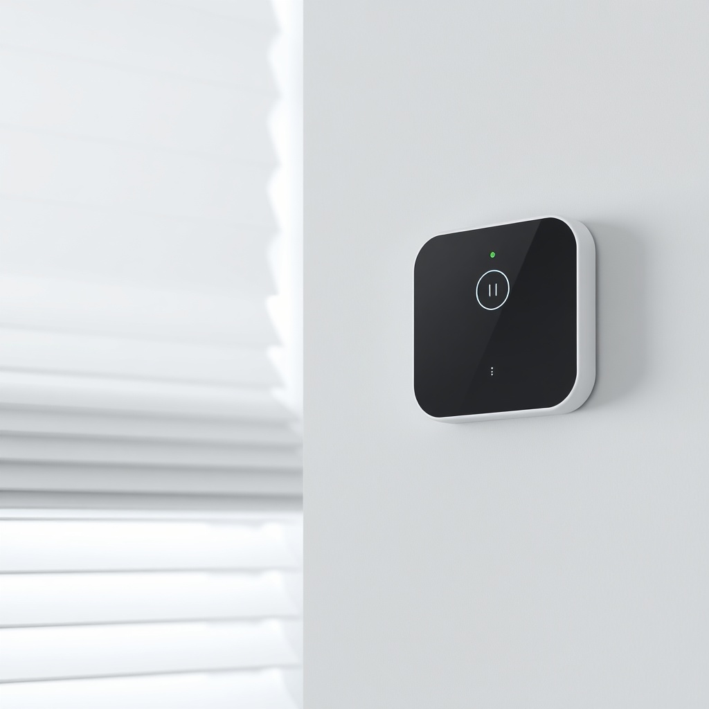 <clean photorealistic photo of a smart remote control and wall-mounted sensor for a window