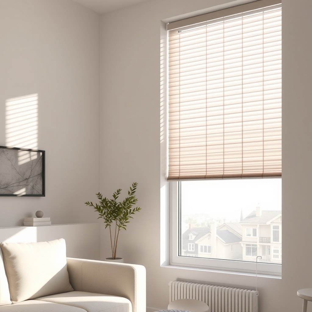 <clean photorealistic photo of a modern house with smart blinds adjusting automatically du