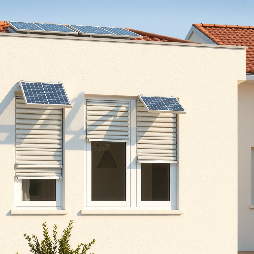 A photorealistic photo of a modern house exterior with PanjurUstasi Akıllı Panjur Sistemi