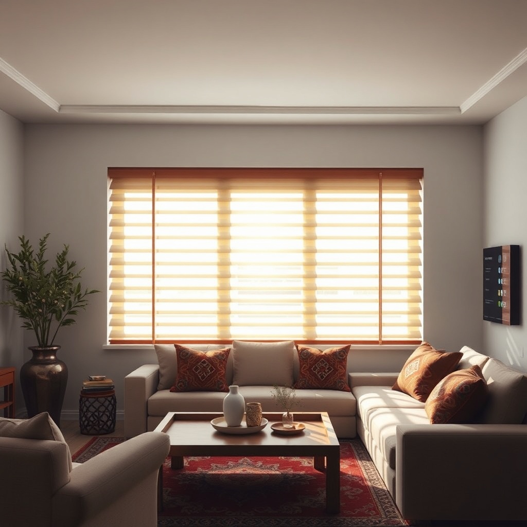 A photorealistic photo of a living room interior with PanjurUstasi Akıllı Panjur Sistemi p