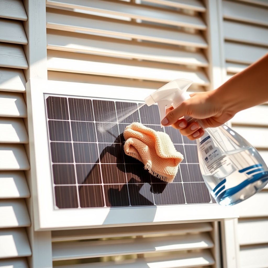 A photorealistic close-up shot of a residential solar panel on a window shutter