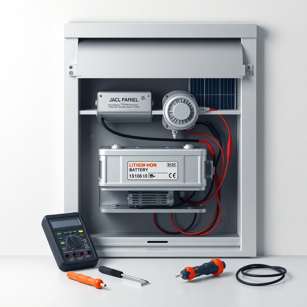 A photorealistic illustration of an opened smart shutter system showing its internal compo