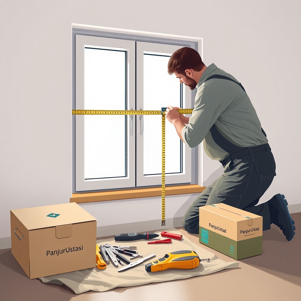 <clean photorealistic photo illustration of a technician measuring a window frame with a t