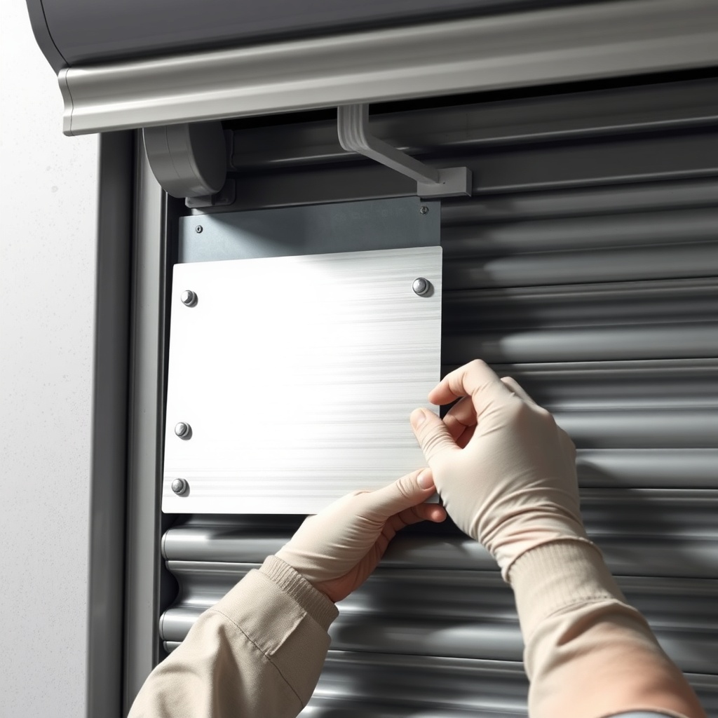 <clean photorealistic photo illustration of a technician installing aluminum lamels into t