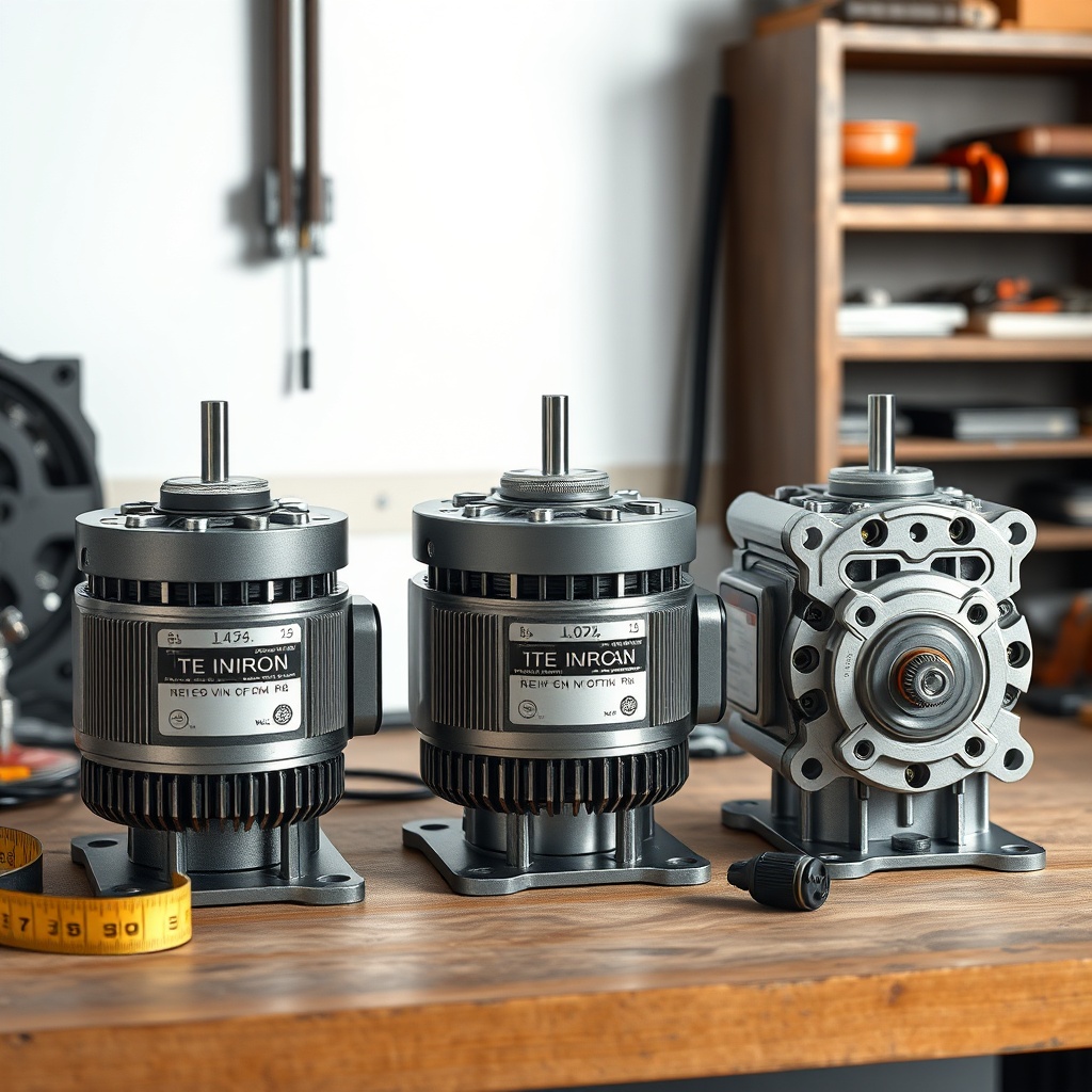 <clean photorealistic photo/illustration showing three distinct motor types (tube