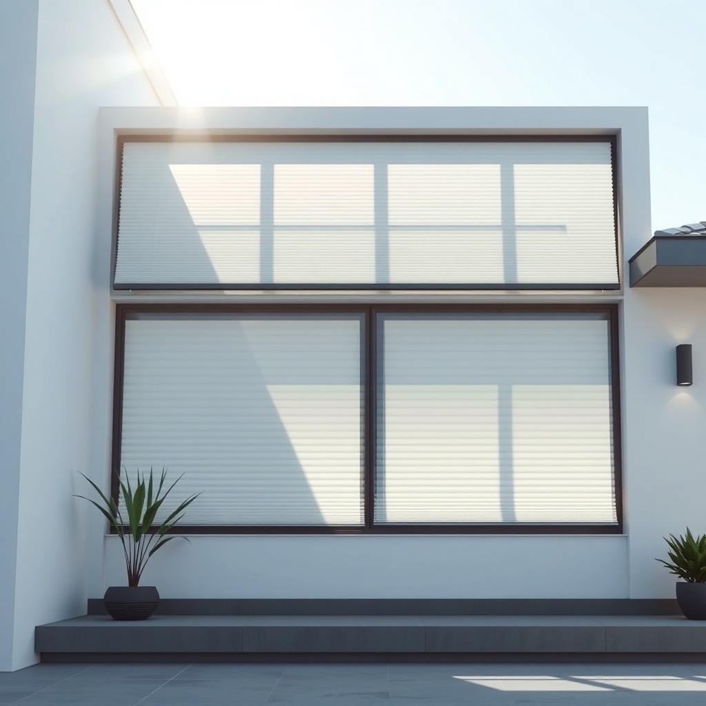 A photorealistic wide shot of a modern smart home exterior with automated blinds partly op