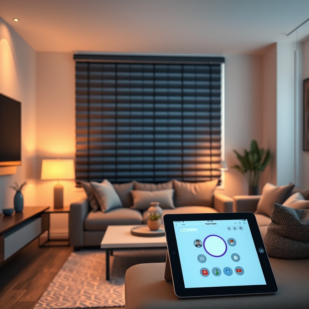 A photorealistic interior shot of a living room with smart blinds half open