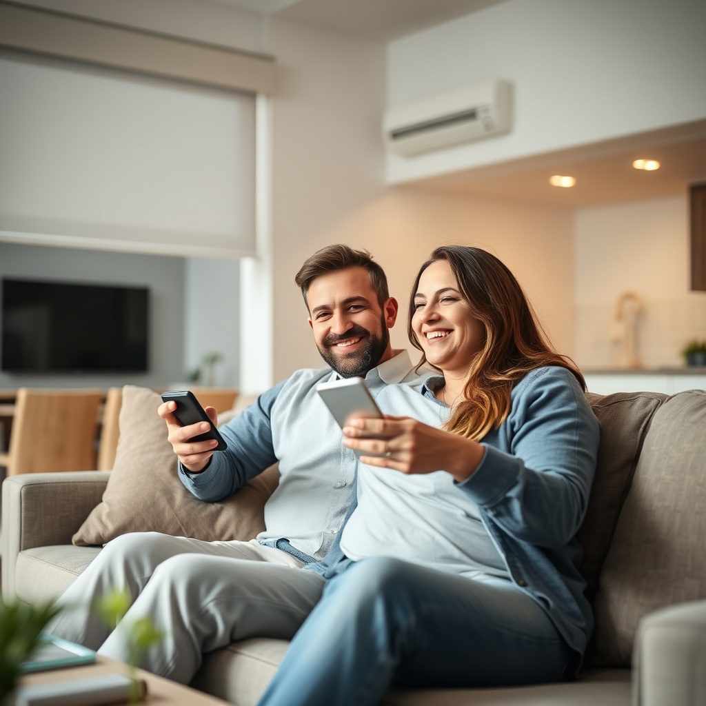 A photorealistic photo of a happy couple sitting on a sofa in a modern living room with a