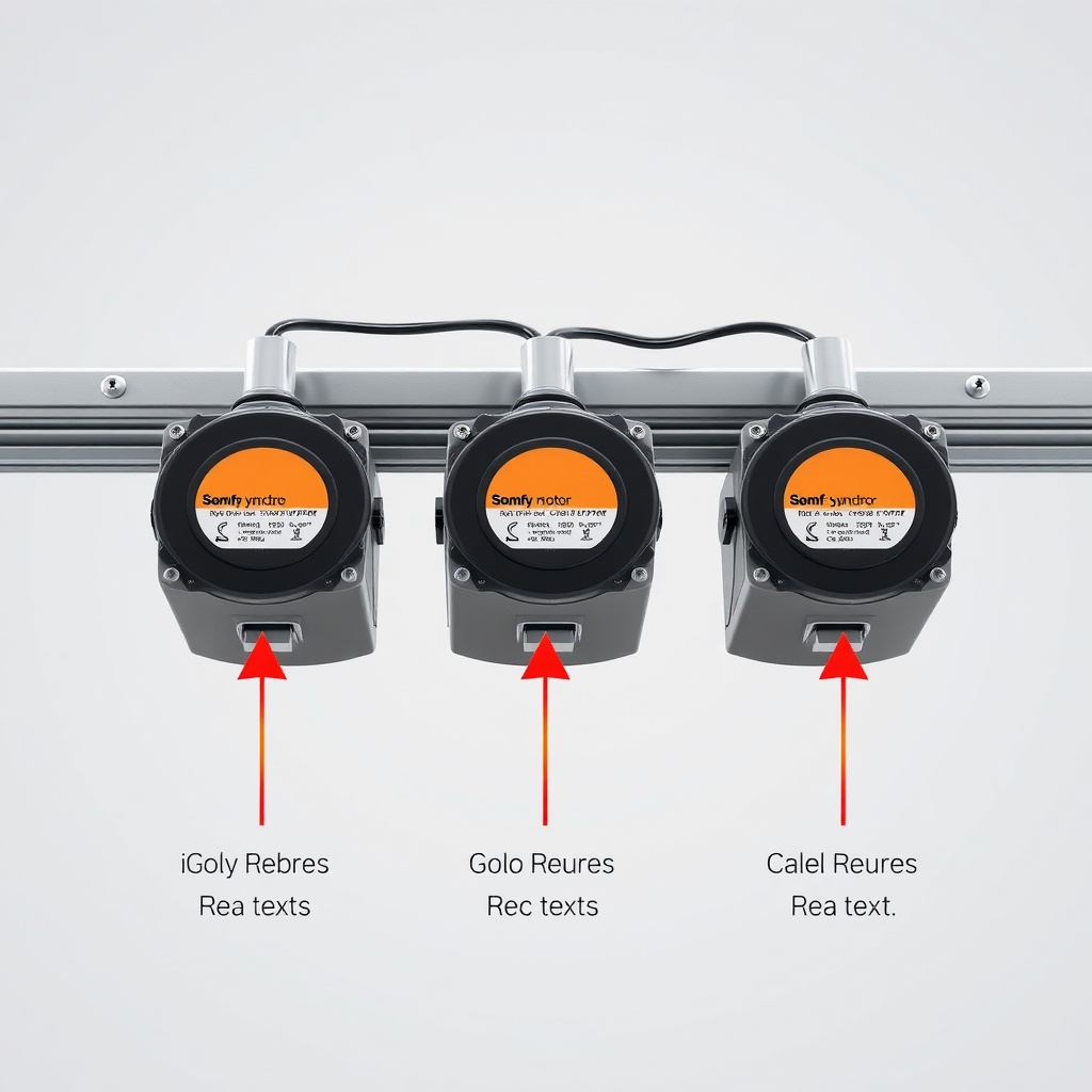 A photorealistic illustration showing three Somfy Synchro RTS motors mounted side by side