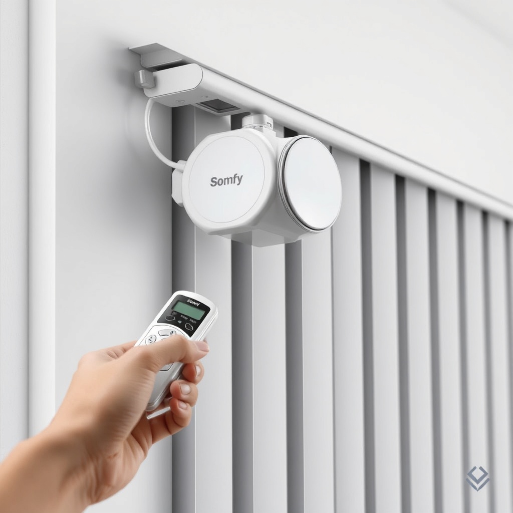 A photorealistic photo of a Somfy Synchro RTS motor installed on a vertical blind