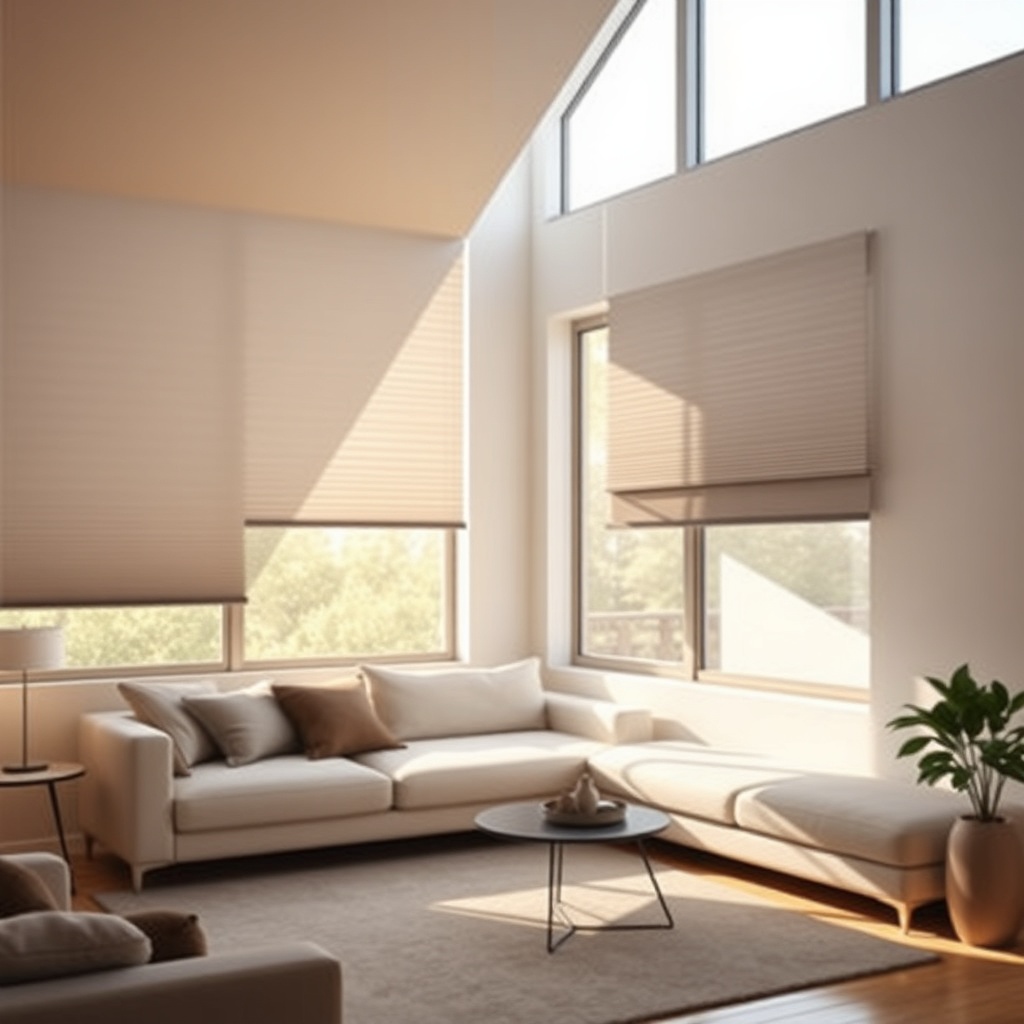 A photorealistic photo of a living room with Somfy Synchro RTS controlled blinds set at a