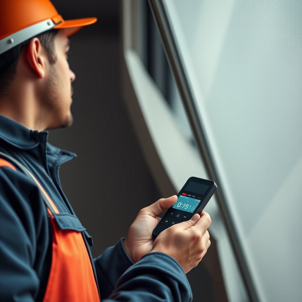 <clean photorealistic photo of a worker holding a Somfy Situo RTS remote control near a pa
