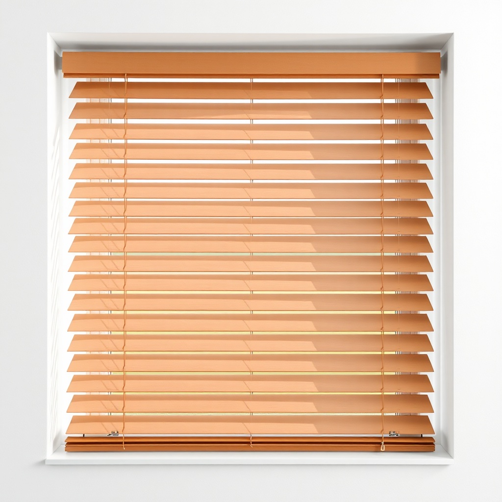 <clean photorealistic photo showing a jaluzi blind with one slat tilted at 45 degrees