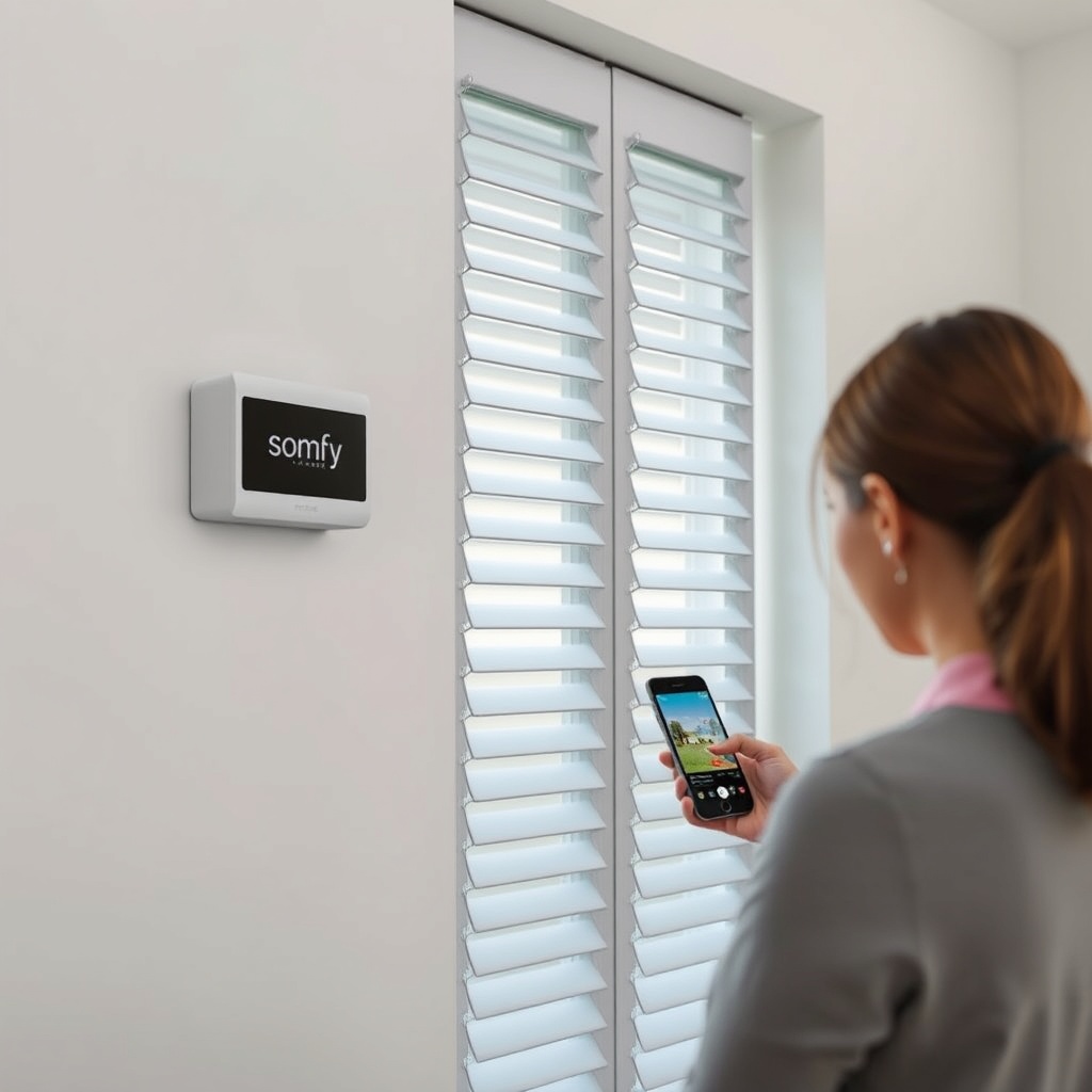 A photorealistic photo of a Somfy Synchro RTS device mounted on a wall next to a window wi