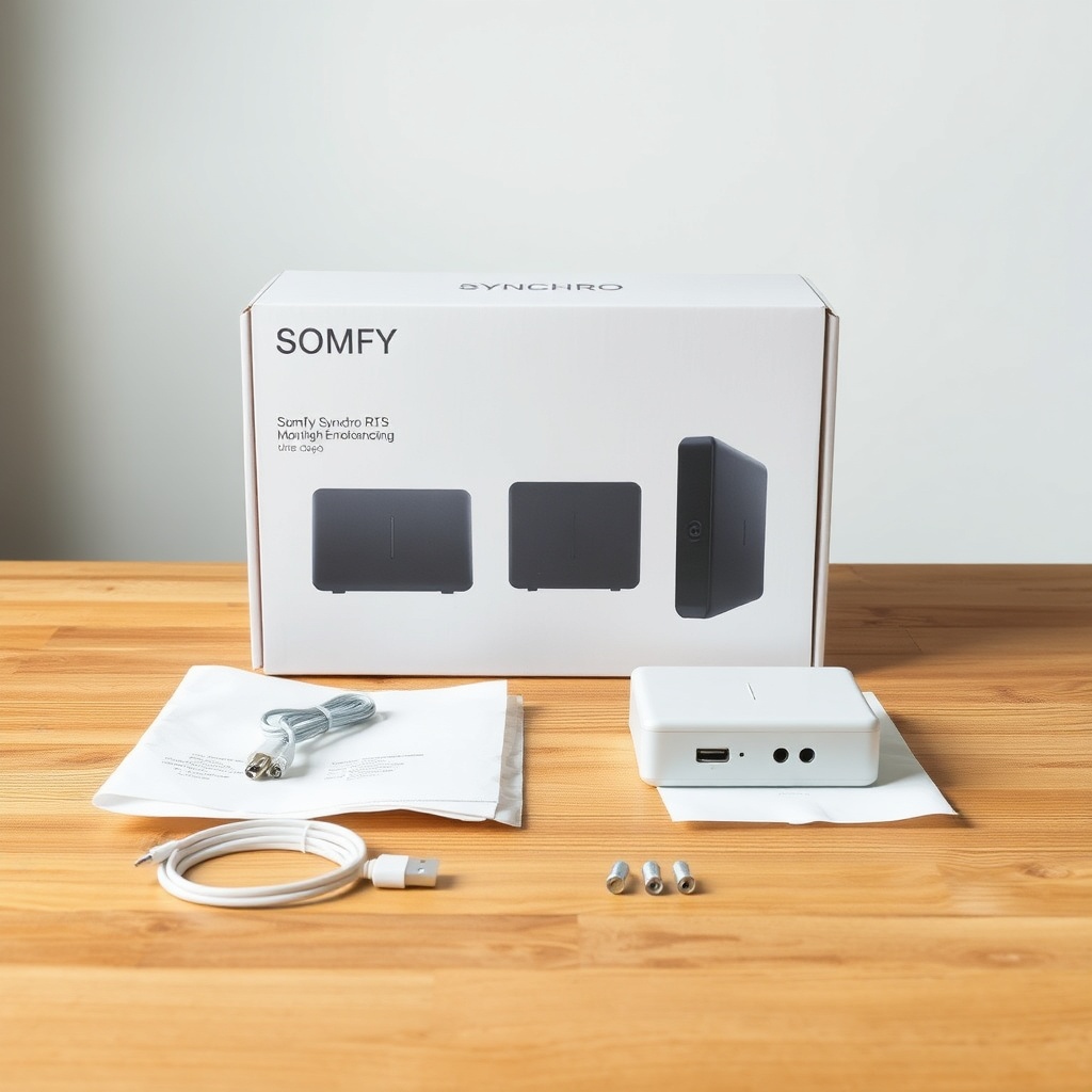 A photorealistic photo showing the unboxing process of Somfy Synchro RTS