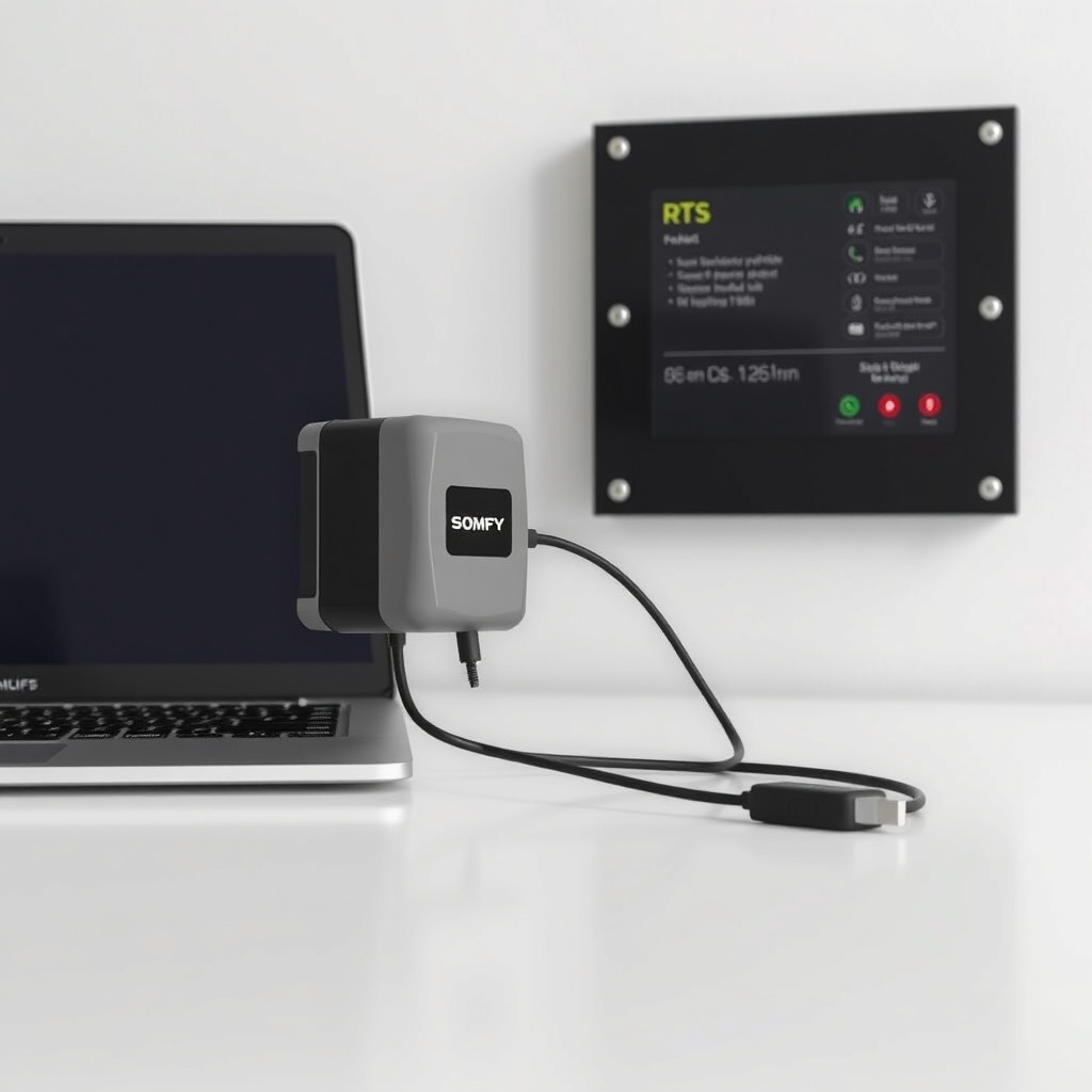 A clean photorealistic photo of a Somfy Synchro RTS motor being connected to a laptop via