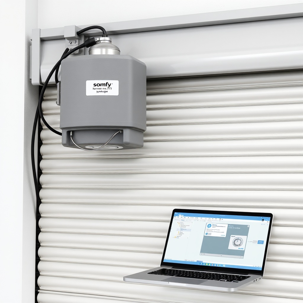 A clean photorealistic photo of a Somfy Synchro RTS motor installed on a roller shutter