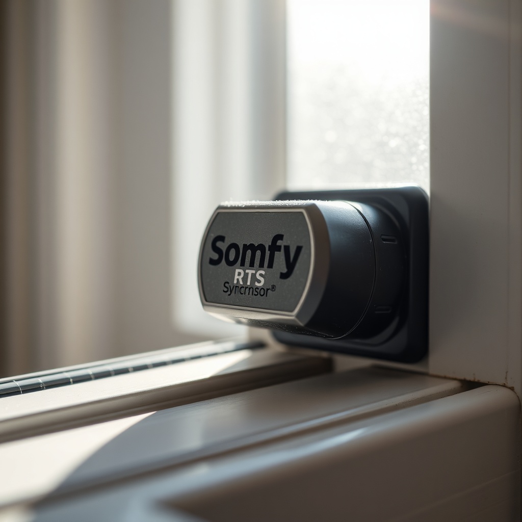 A close-up macro shot of a clean Somfy Synchro RTS sensor on a window frame