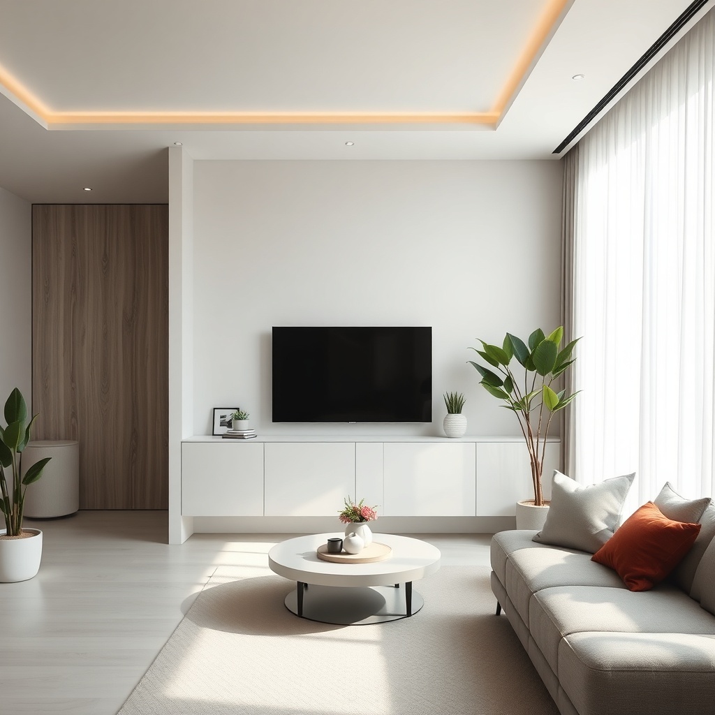 <Modern bir oturma odasında güneş ışınlarını yansıtan Warema stor perde sistemi