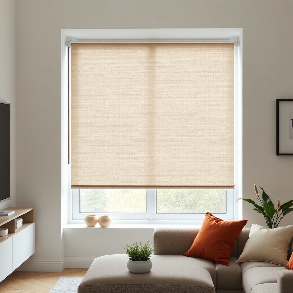 <clean photorealistic photo of a Warema custom roller blind installed in a modern living r