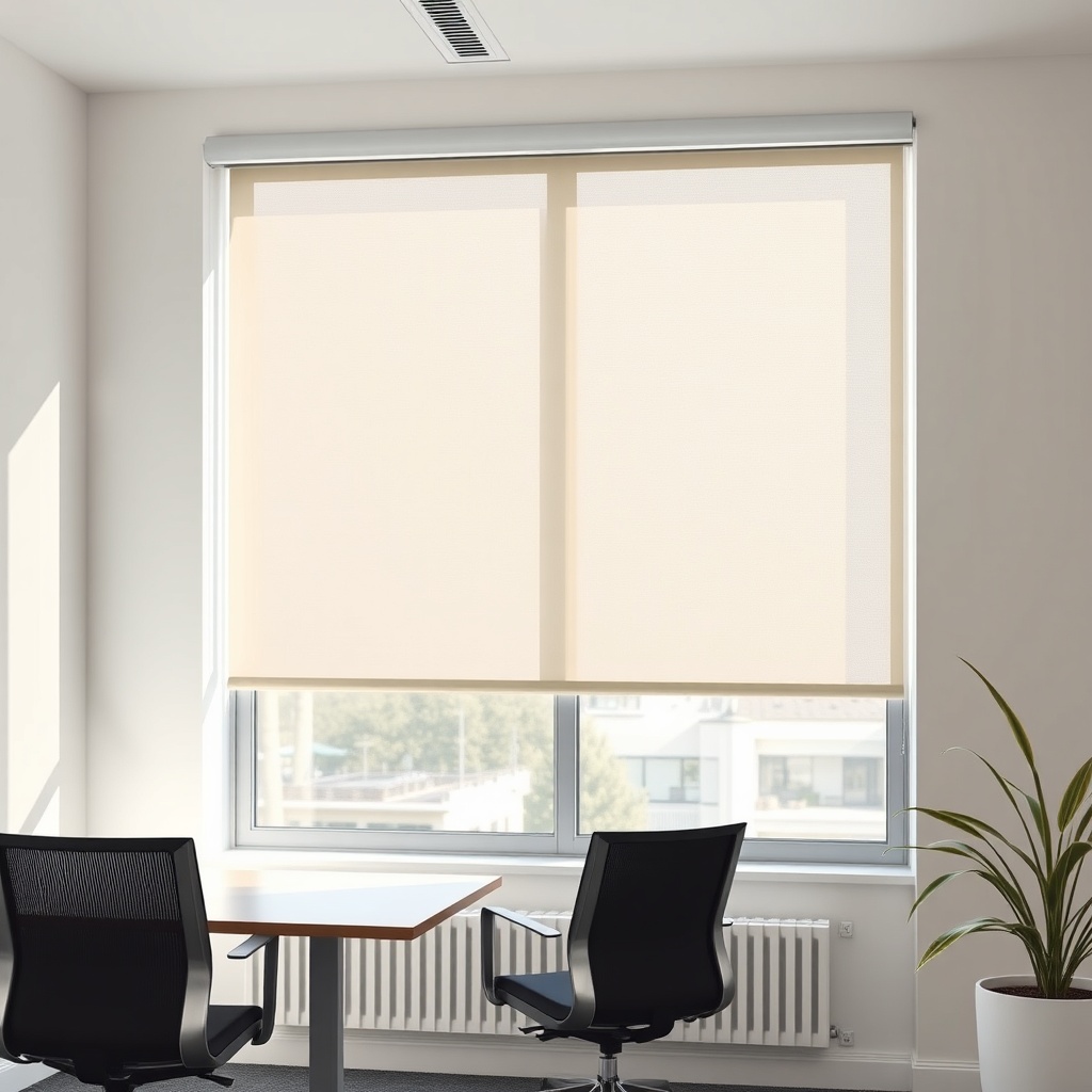 <clean photorealistic photo showing a Warema roller blind in a sunlit office