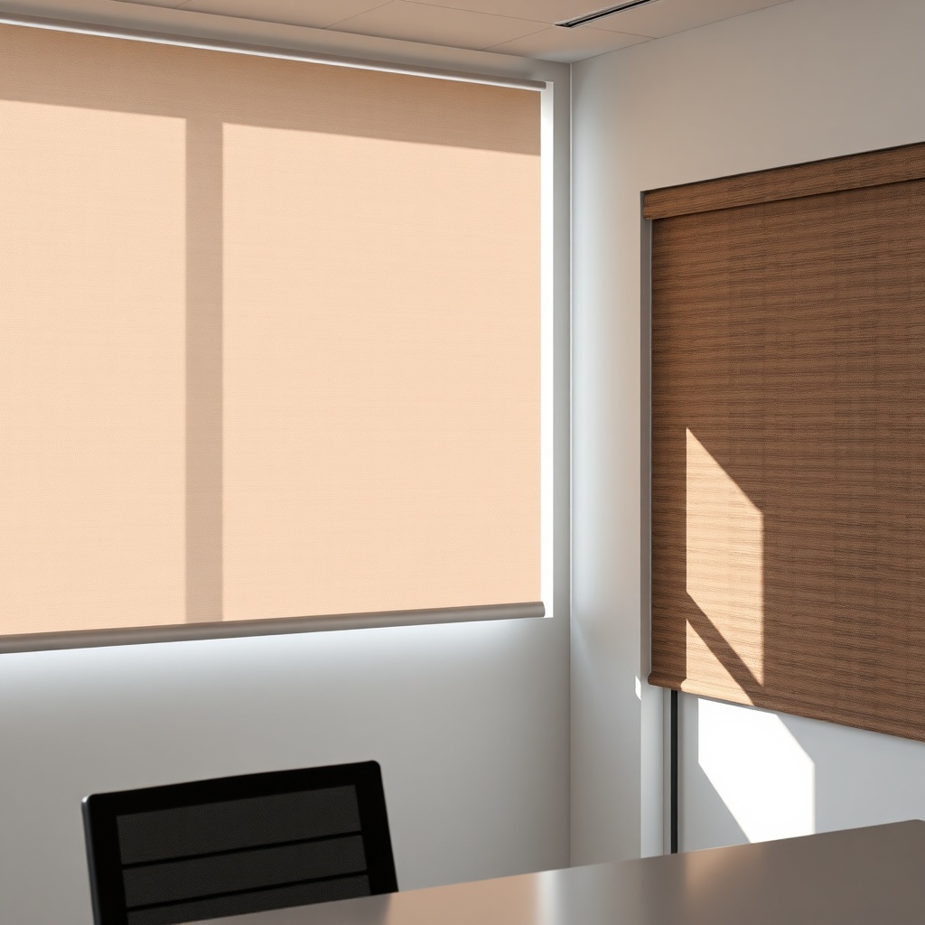 Close-up photorealistic photo of a modern office with Warema custom roller blinds