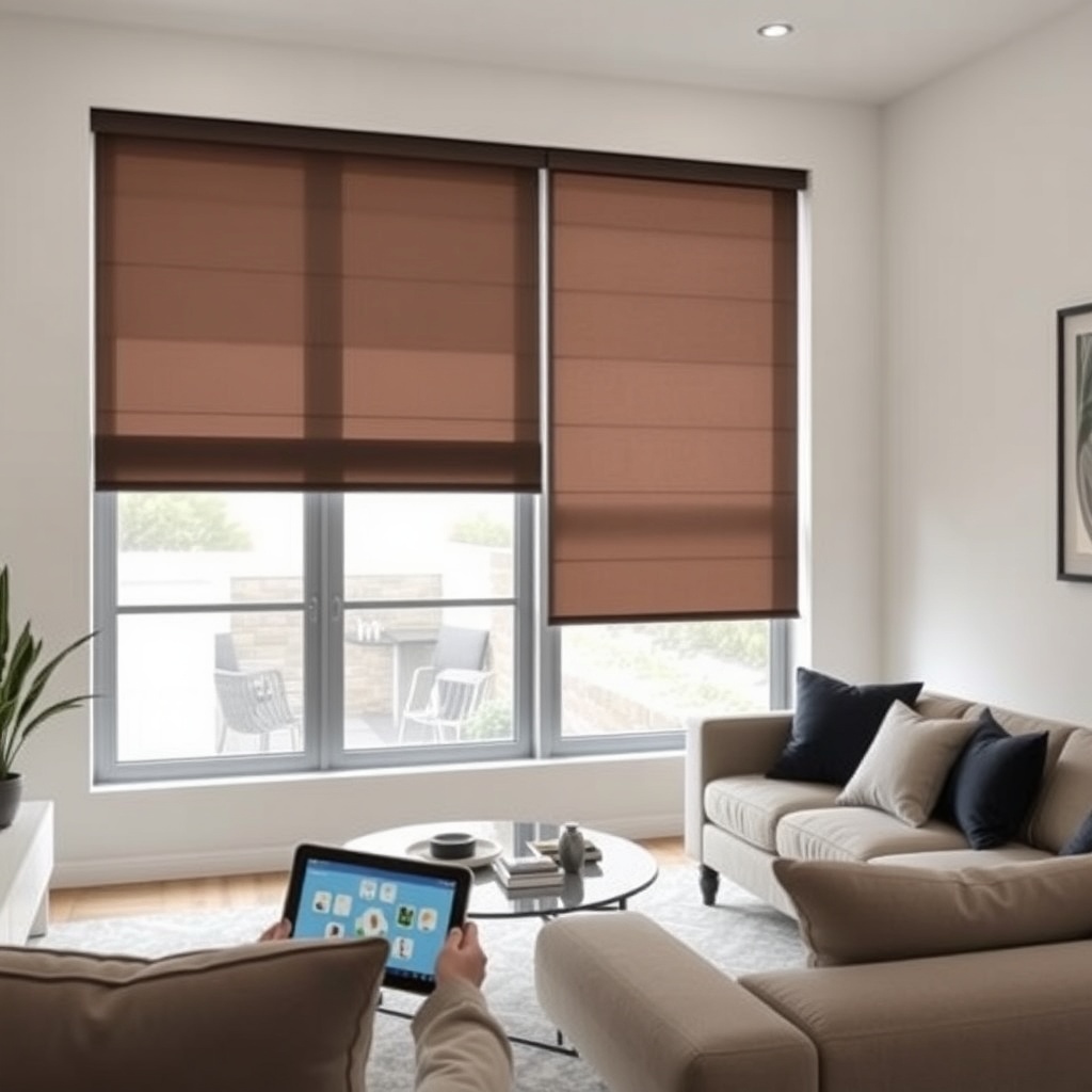 <clean photorealistic photo of a modern living room with Warema motorized roller shades in