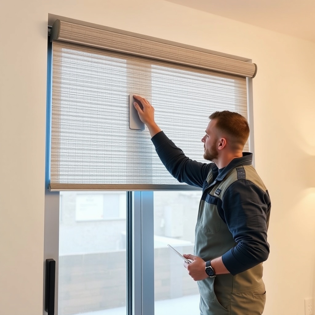 <clean photorealistic photo of a technician installing a Warema motorized roller shade on