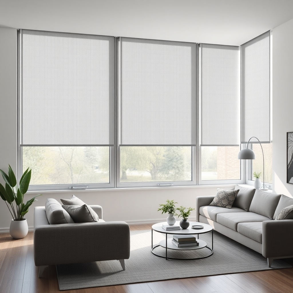 A photorealistic photo of a modern living room with large windows