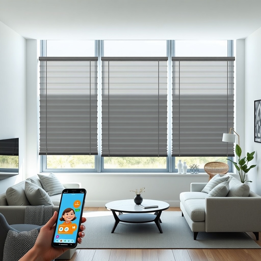 <clean photorealistic photo of a modern living room with Warema smart blinds controlled vi