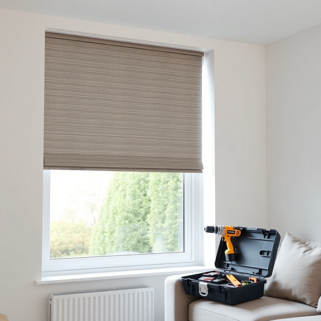 A clean photorealistic shot of a modern living room with a Warema roller blind being insta